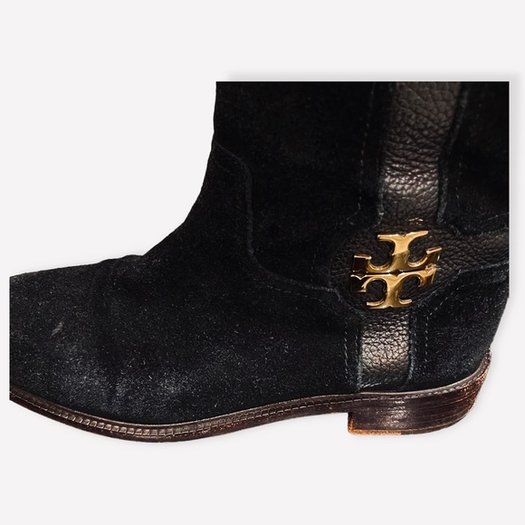 Tory Burch Black Alaina Logo Flat Bootie Split Suede - Picture 6 of 12